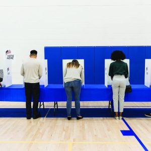 Rear view photo five people casting ballots